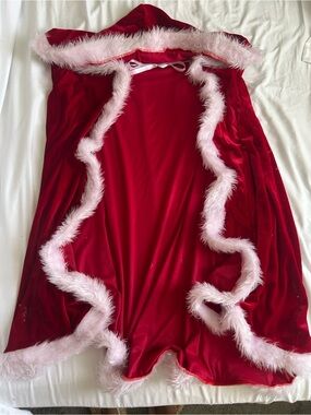 Red Velvet Hooded Robe with Pink Faux-Fur Trim